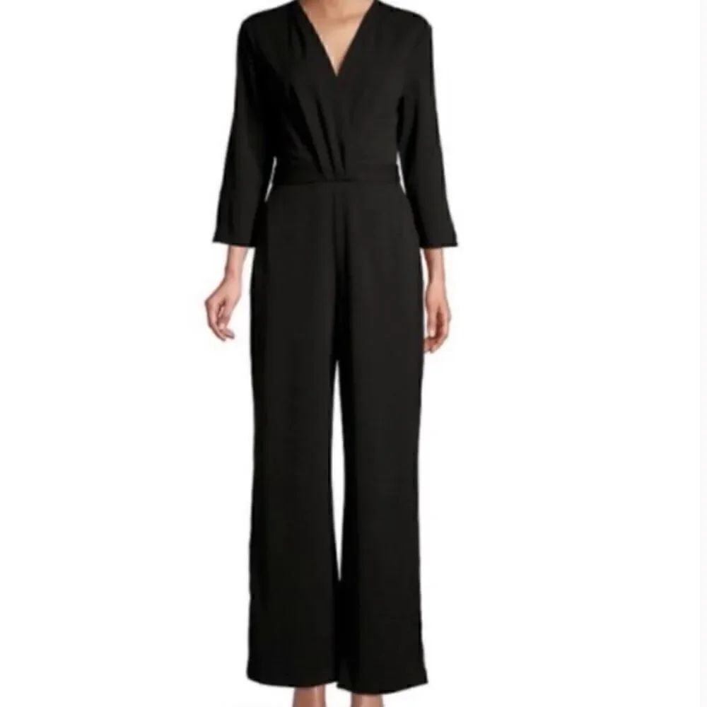 Halston Jumpsuit Black Wide Leg Long Sleeves
